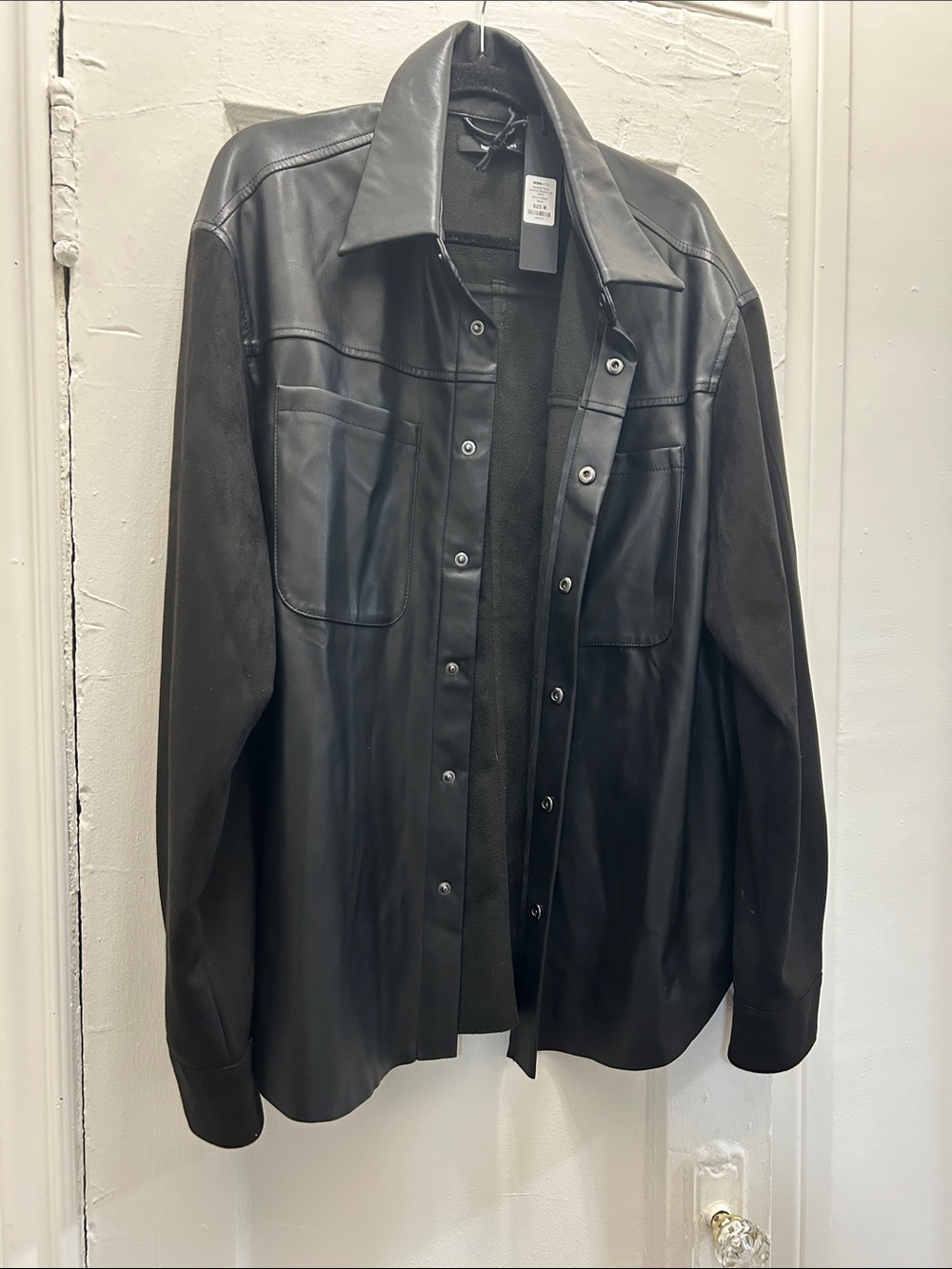 NOVAMEN Black Leather Button-Up Shirt Jacket.